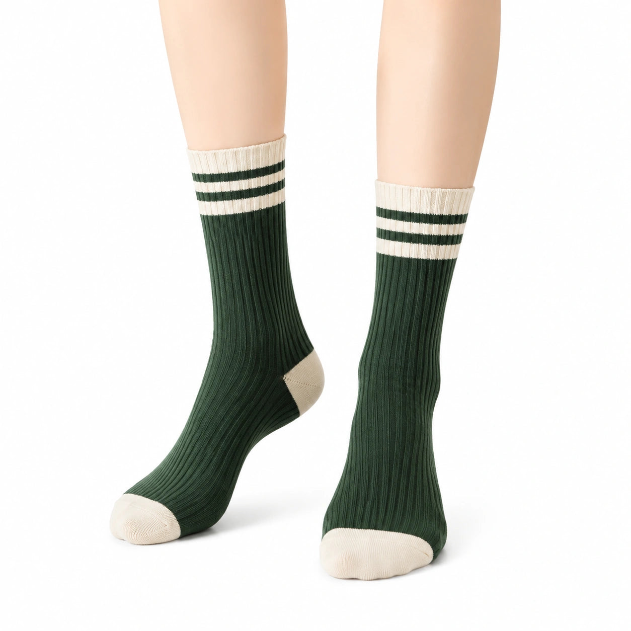 Calze sportive alte 43-46 in maglia verde e crema a coste con righe