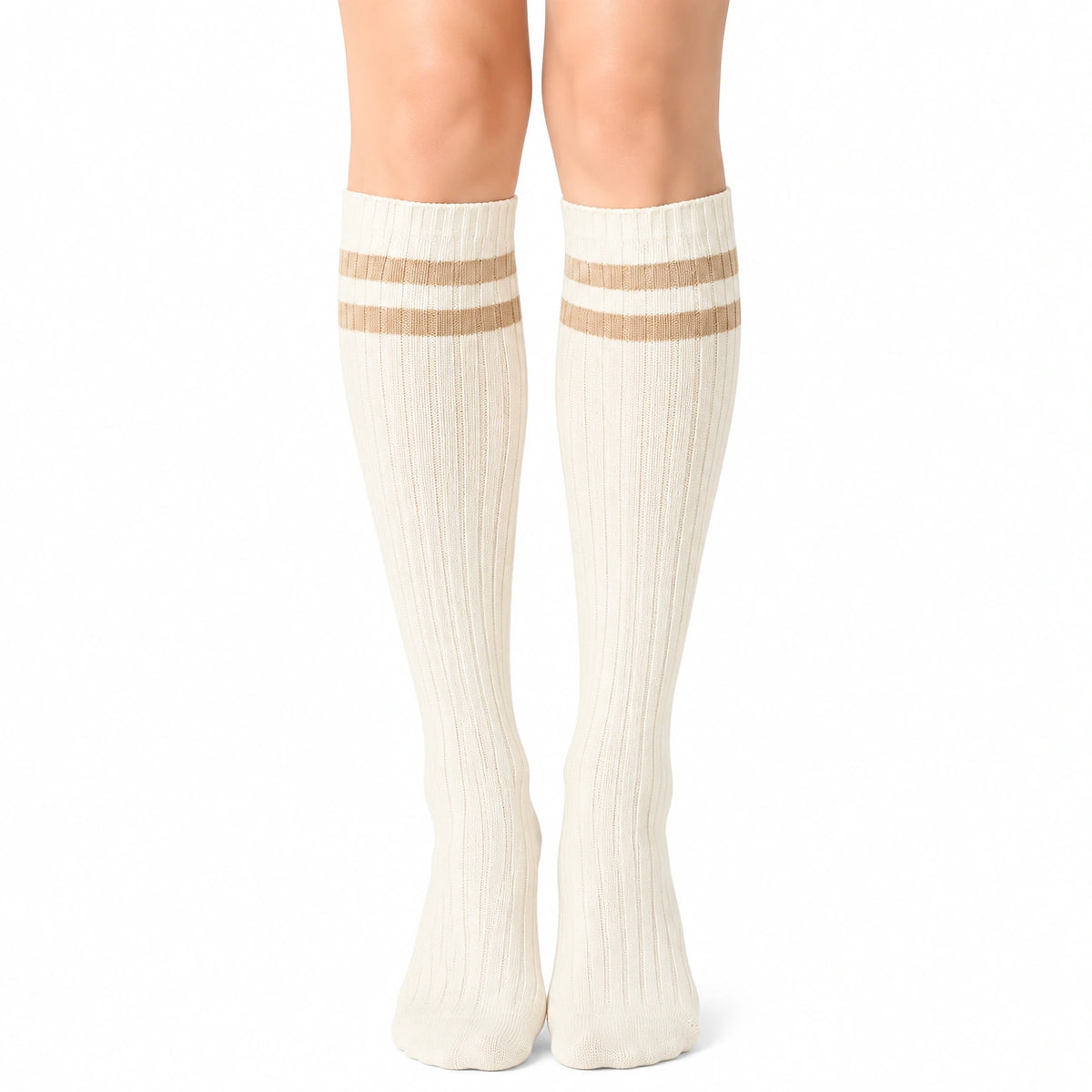 Calze al ginocchio 35-38 bianche a coste con righe beige stile sportivo