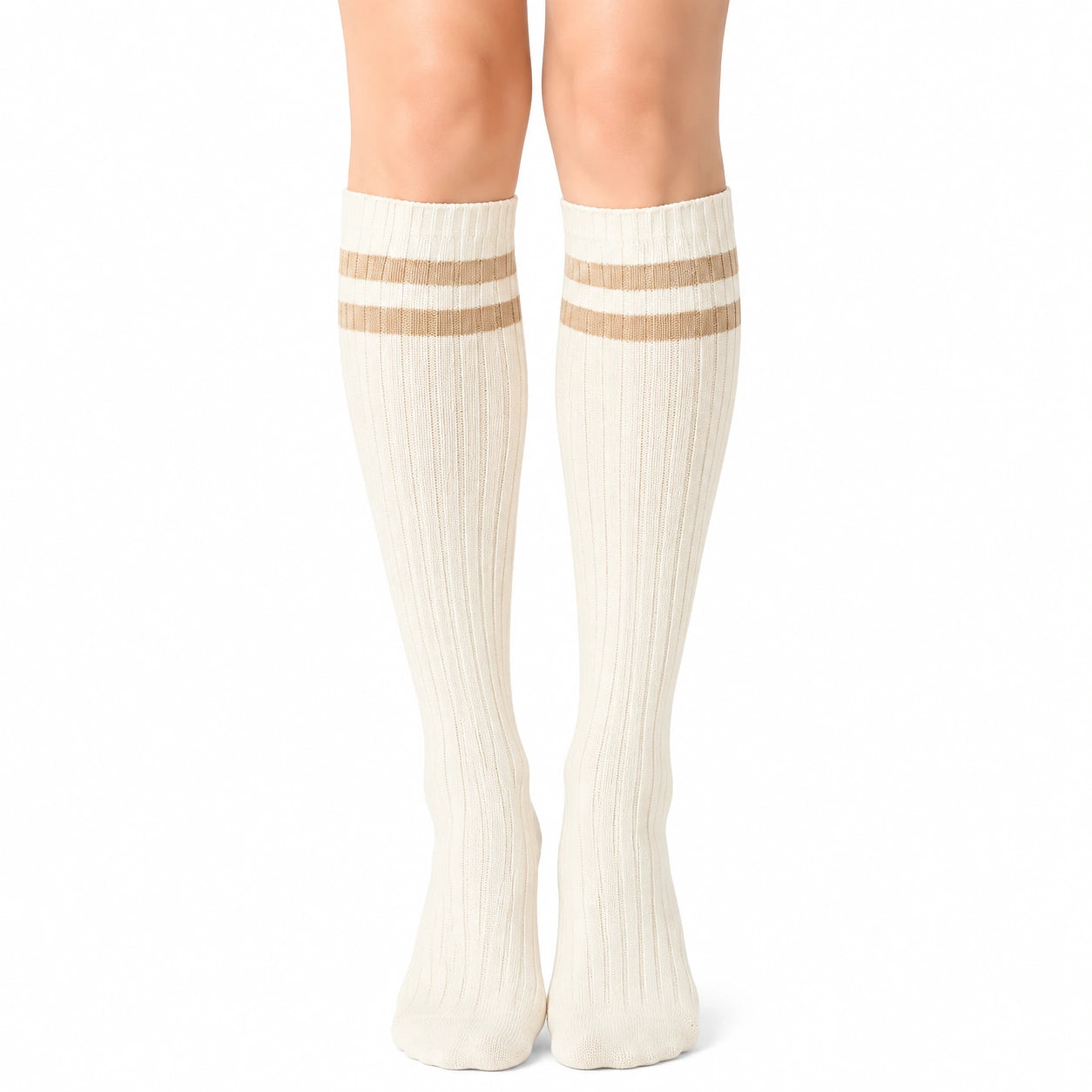 Calze al ginocchio 35-38 bianche a coste con righe beige stile sportivo
